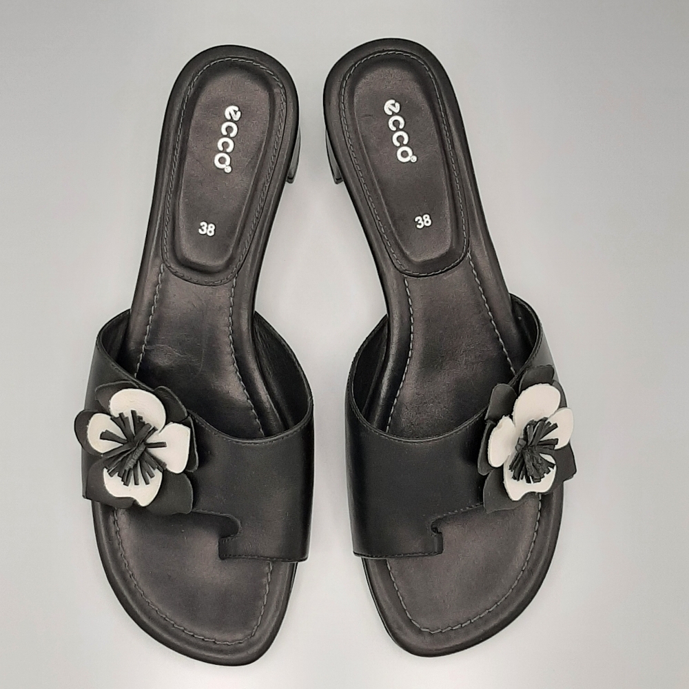 Ecco Black Slide Sandals with White Flower Detail